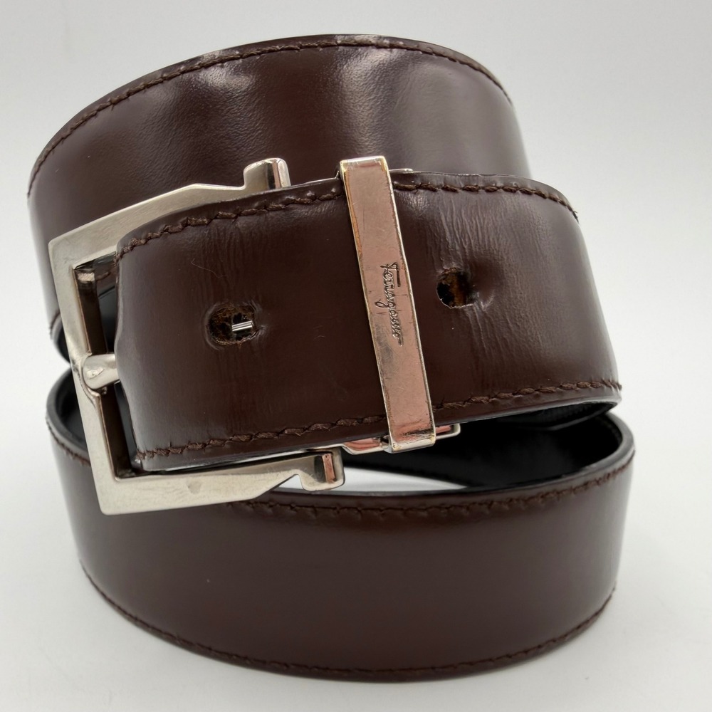 Salvatore Ferragamo Belt Mens 35" Brown Black Reversible Leather Italy Designer